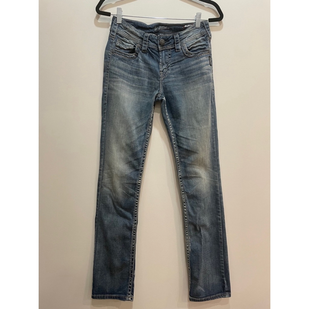 Silver Suki Mid Boot Cut Size 27 x 33 Y2K Thick Stitch Stretch Embroidered
